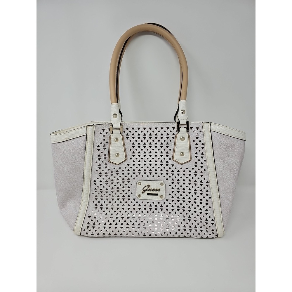 Guess Logo Tote Bag/Purse Pink/White and Gold Cut Outs